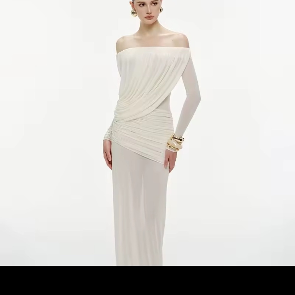 Off shoulder White mesh long sleeve  Gown - Picture 3 of 3